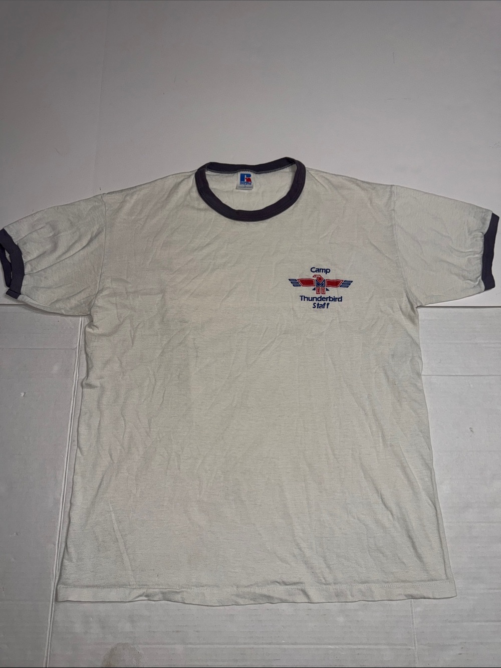 Russell Athletic White Vintage RingerTee with Camp Thunderbird Staff Logo